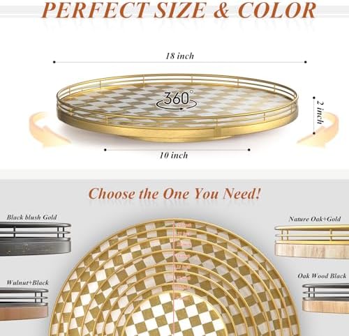 Gold and White Checkerboard Lazy Susan with Rubberwood Base and Metal