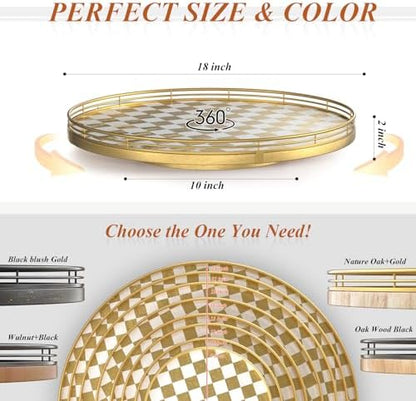 Gold and White Checkerboard Lazy Susan with Rubberwood Base and Metal