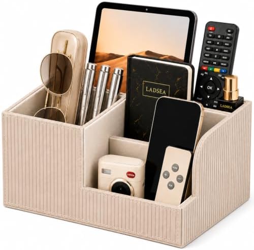 Pen Holder for Desk, 4-Compartment PU Leather Desk Organizer, Beige