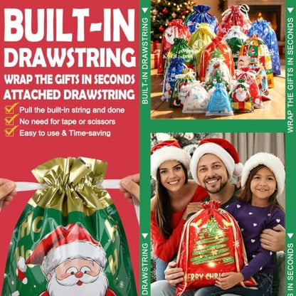 BWFY 40 Pcs Christmas Drawstring Gift Bags, 6 Sizes, 17 Patterns
