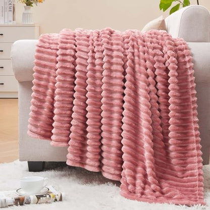 BEDELITE 3D Ribbed Jacquard Pink Fleece Throw Blanket for Couch, 50x60