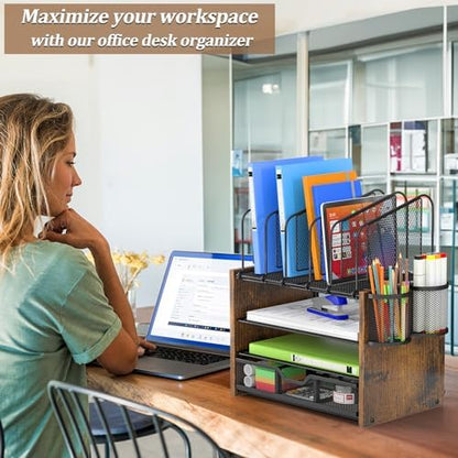 DAOUTIME 4-Tier Mesh Desk Organizer, Wooden Desk File Organizer with 5