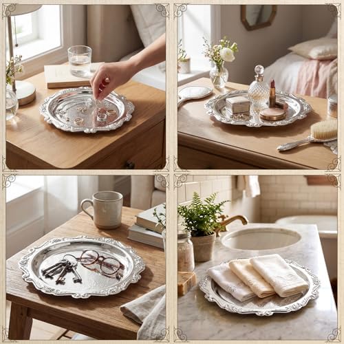 12 Pcs Vintage Silver Tray Indian Pooja Return Gift, Round Silver