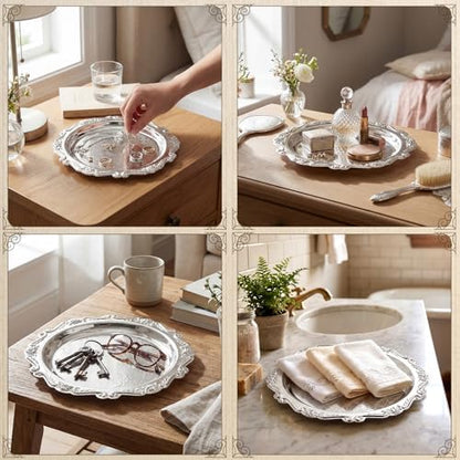 12 Pcs Vintage Silver Tray Indian Pooja Return Gift, Round Silver