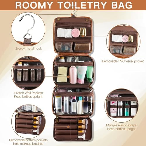 Elviros Hanging Toiletry Bag for Men PU Leather Shaving Dopp Kit