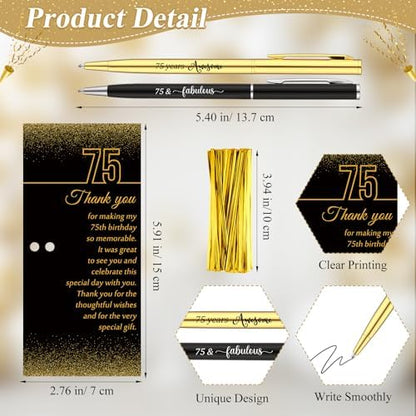 Feifeiya 75th Birthday Party Favors with Black Gold Pens Thank You