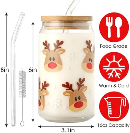 Christmas Reindeer Cup, 16oz Clear Glass Cups with Lids and Straws
