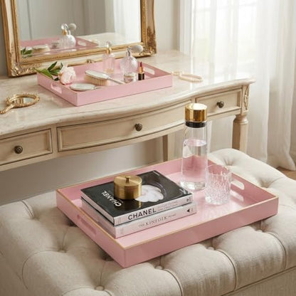 Set of 2 Pink Plastic Serving Trays for Ottoman Coffee Table