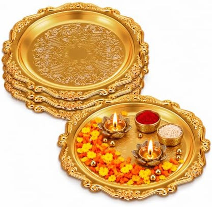 4 Pcs Vintage Silver Tray Indian Pooja Return Gift, Round Golden