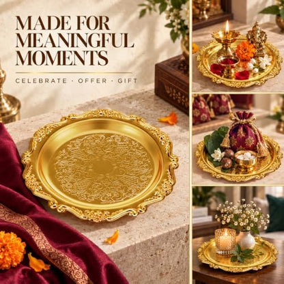 4 Pcs Vintage Silver Tray Indian Pooja Return Gift, Round Golden
