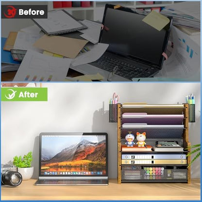 DAOUTIME 6-Tier Mesh Desk Organizer with Drawer, Wooden Office