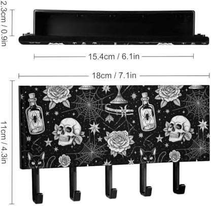 Luxury Leather Wall Mounted Key Hooks Black Cat Rose Skull Goth, Mail