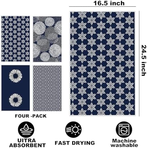 4 Pcs Blue Flower Artistic Kitchen Towels, Blue Flower Absorbent Hand