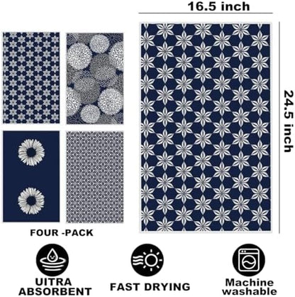 4 Pcs Blue Flower Artistic Kitchen Towels, Blue Flower Absorbent Hand