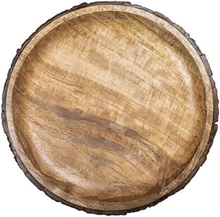 GoCraft Round Wooden Serving Platter with Tree Bark on Edges | Mango