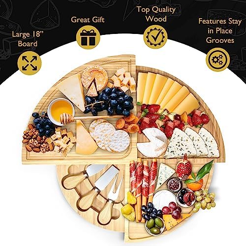 Perlli Bamboo Cheese Board & Knife Set, Large Folding 18 Inch Round