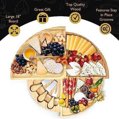 Perlli Bamboo Cheese Board & Knife Set, Large Folding 18 Inch Round
