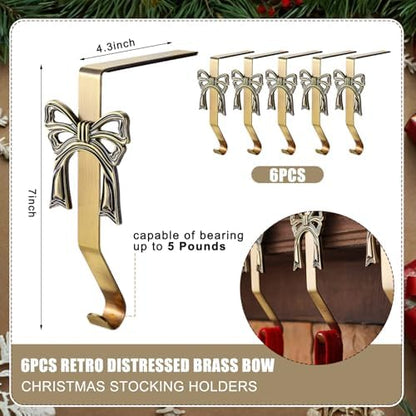6 Pcs Brass Bow Christmas Stocking Holder, Vintage Mantle Hooks