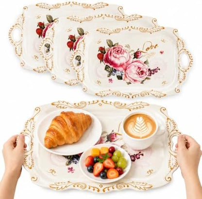 DEAYOU 3-Pack Melamine Serving Tray, Stackable Food Tray with Handles