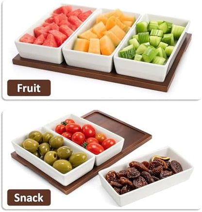 Elsjoy 3-Section Serving Tray, Wood Divided Serving Dish with Ceramic