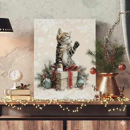 Voxitura Cute Christmas Cat Tabby Wall Art Canvas, Winter Snow Wall