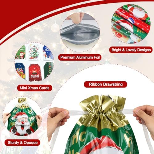 BWFY 40 Pcs Christmas Drawstring Gift Bags, 6 Sizes, 17 Patterns
