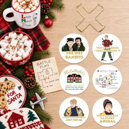 Home Alone Merch Gifts, 6Pcs Christmas Drink Coasters with Metal