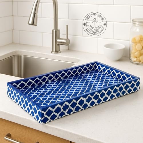 Handmade Blue White Bone Inlay Serving Tray Moroccan Damask
