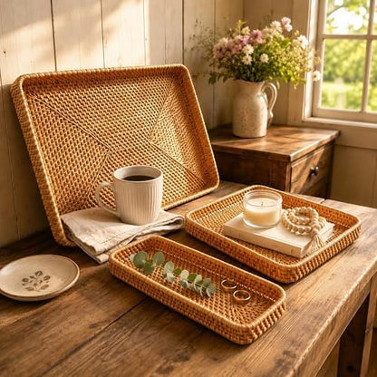 i-lan 17 x 13 Oversized Rattan Serving Tray Set of 3, Woven Wicker