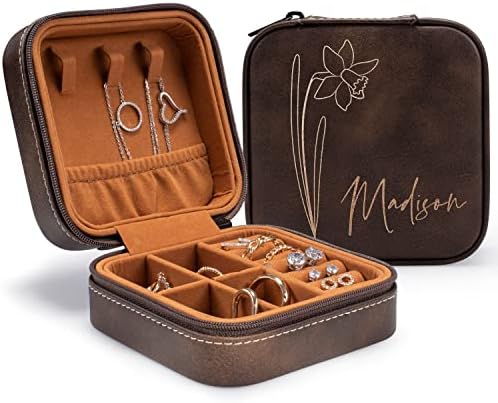 Custom Leather Jewelry Box w/Name & Birth Flower Month - Birthday