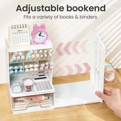 Sooez Desk Organizer with Bookends, Pegboard & Drawer, Pen & Pencil