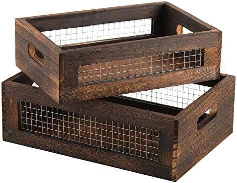 Dicunoy Set of 2 Rustic Nesting Boxes, Wooden Organizer Crates Basket