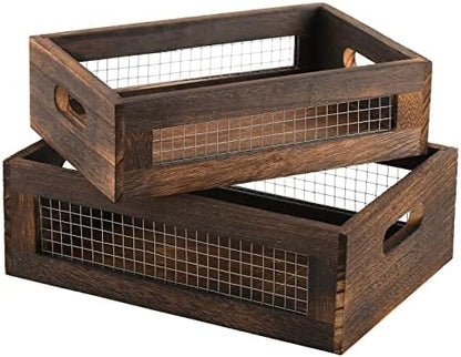 Dicunoy Set of 2 Rustic Nesting Boxes, Wooden Organizer Crates Basket