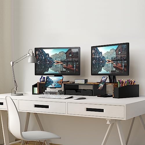 Simple Houseware Desk Dual Monitor Stand Riser with Drawer, Rustic