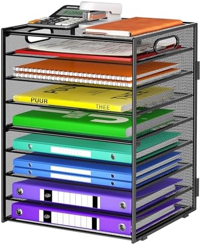 Cawukege 9 Tier Paper Organizer with Handle, Black Large Capacity Desk