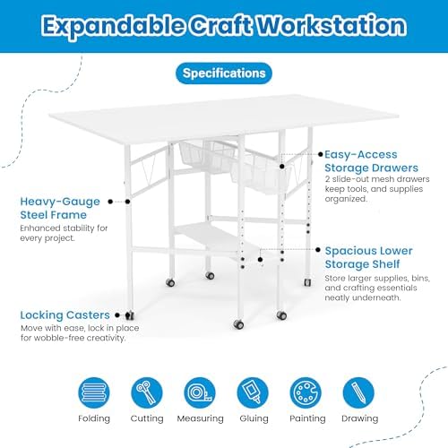 Sew Ready Folding Adjustable Height Sewing Craft Table with Drawers