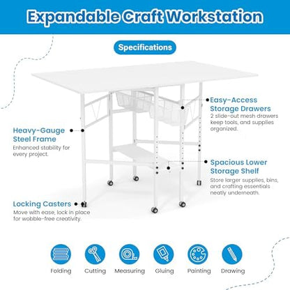 Sew Ready Folding Adjustable Height Sewing Craft Table with Drawers