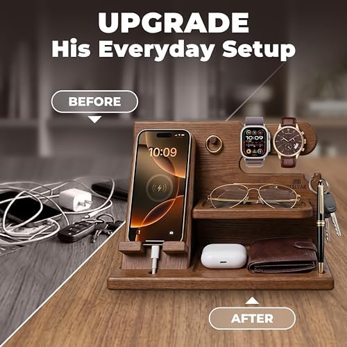 TESLYAR Wood Phone Docking Station for Men - Desk or Nightstand