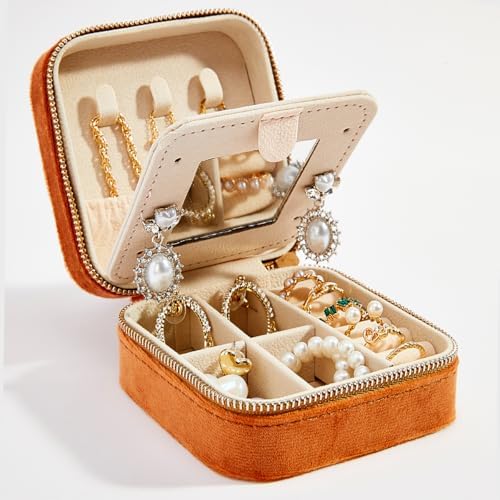Smileshe Travel Velvet Jewelry Box with Mirror, Mini Gifts Case for