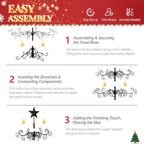 VINGLI 6ft Wrought Iron Christmas Tree w/192 Branch Tips, 6-Tier Metal