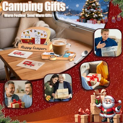 Wood Drink Coasters Set of 4, Happy Camper Cute Coasters with Holder