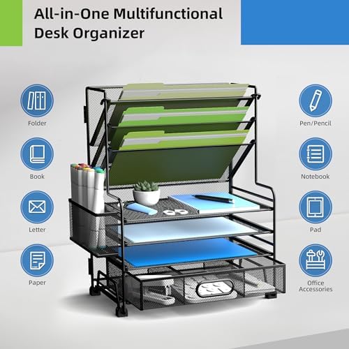 MINDEPOT 4-Tier Paper Organizer + 3-Pocket File Holder + Drawer + Pen