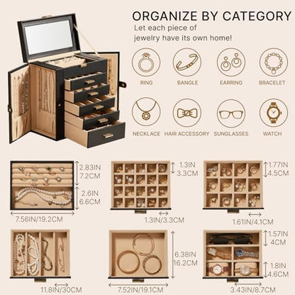 Large Leather Jewelry Box for Women, Mirror, 6 layer, Black