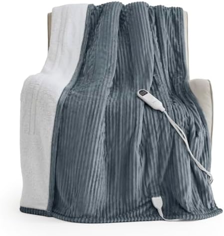 Bedsure Ribbed Heated Blanket Throw XL, Grey Electric Blanket, Preheat