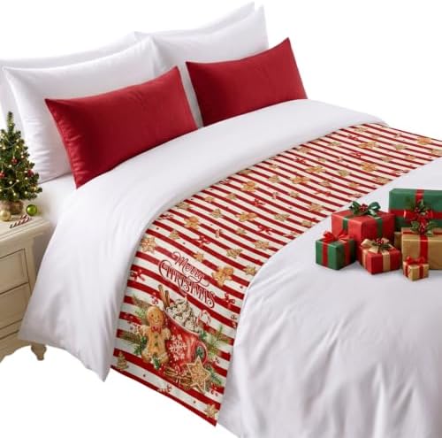 Merry Christmas Bed Runner Scarf Twin Size, Xmas Cocoa Mug Gingerbread