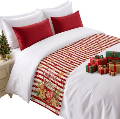 Merry Christmas Bed Runner Scarf Twin Size, Xmas Cocoa Mug Gingerbread