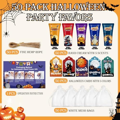 50 Pack Halloween Hand Cream Set with Cards & Bags, Bulk Halloween