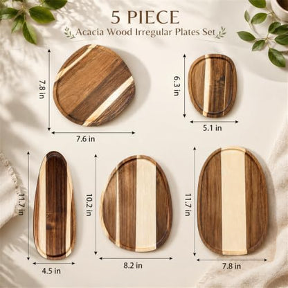 Okllen Set of 5 Small Acacia Wood Serving Platter and Trays, Irregular