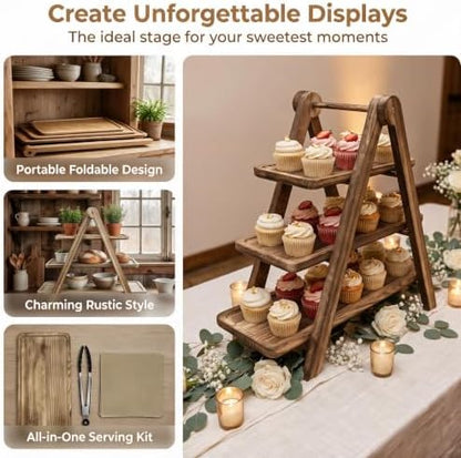 3 Tier Serving Tray Wood Tiered Cupcake Stand, Large Collapsible Food