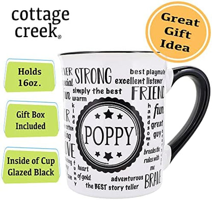 Cottage Creek Poppy Coffee Mug, Word Art Cup, Fathers Day Gift for